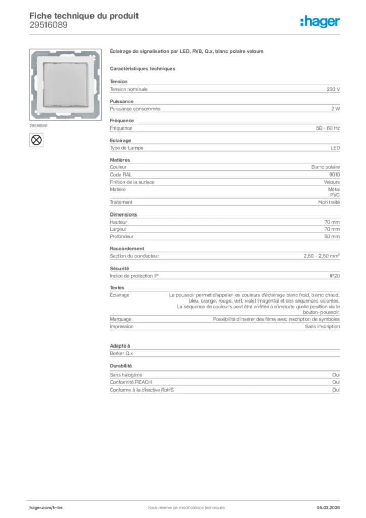 Image Hager Fiche technique du produit 29516089 | Hager Belgique