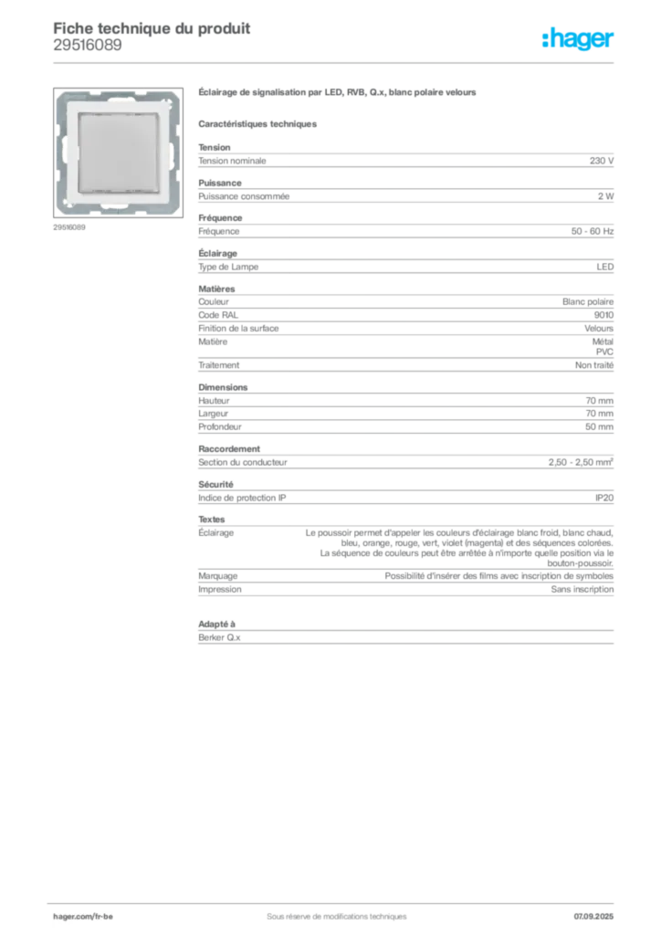 Image Hager Fiche technique du produit 29516089 | Hager Belgique