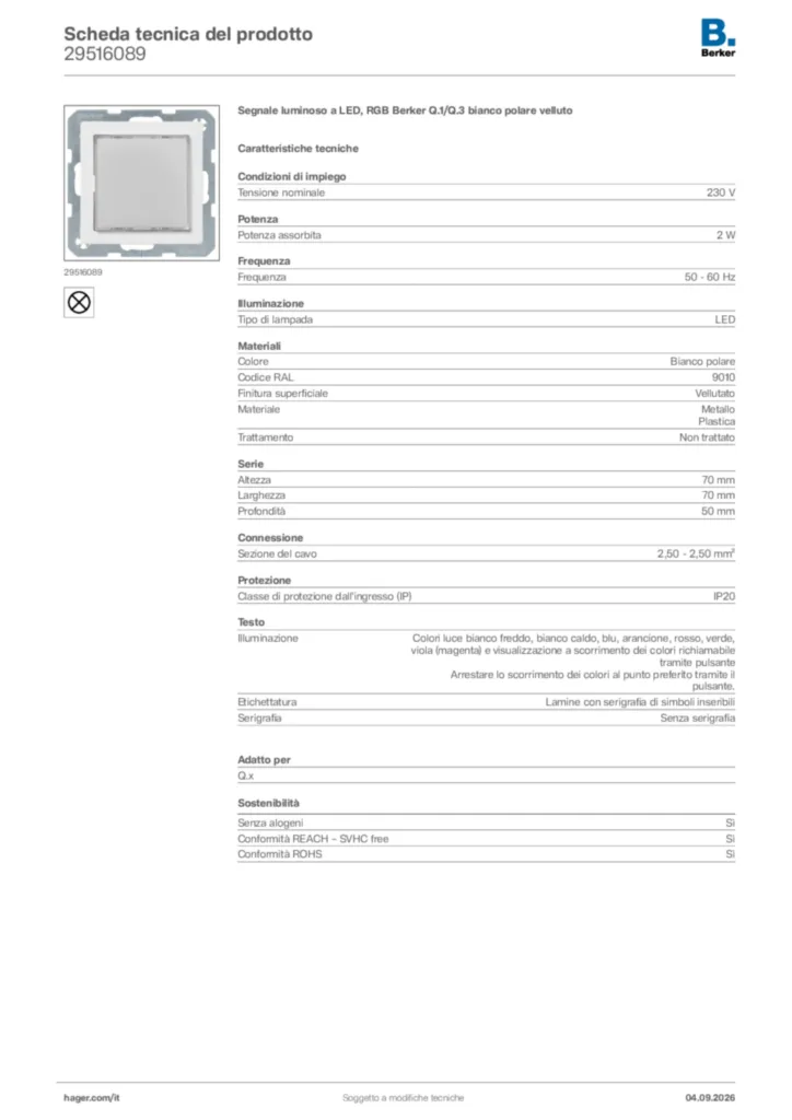Immagine Berker Scheda tecnica del prodotto 29516089 | Hager Italia