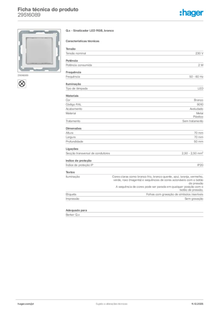 Imagem Hager Ficha técnica do produto 29516089 | Hager Portugal