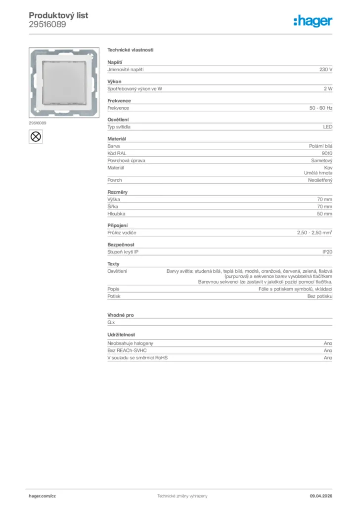 Obrázek Hager Product data sheet 29516089 | Hager