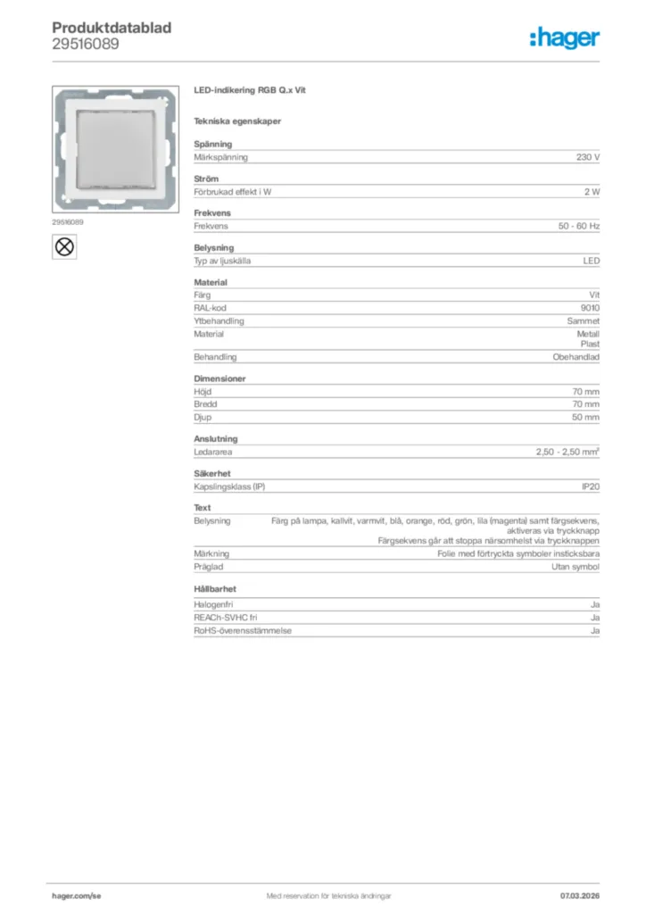 Bild Hager Produktdatablad 29516089 | Hager Sverige