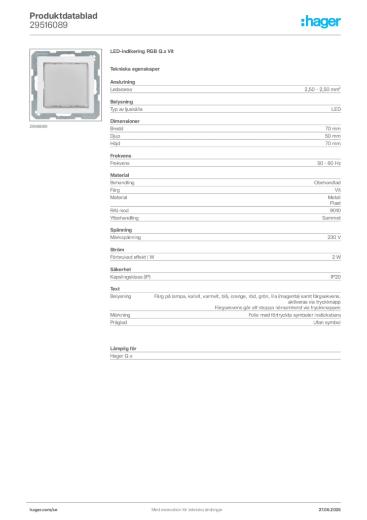 Bild Hager Produktdatablad 29516089 | Hager Sverige