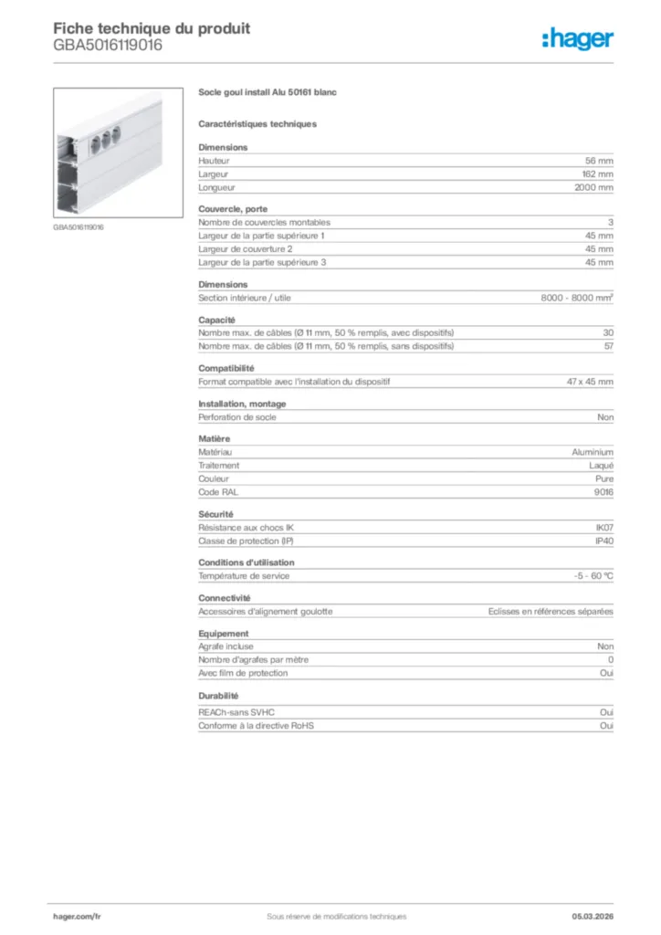 Image Hager Fiche technique du produit GBA5016119016 | Hager France