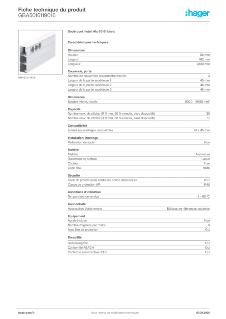Image Hager Fiche technique du produit GBA5016119016 | Hager France