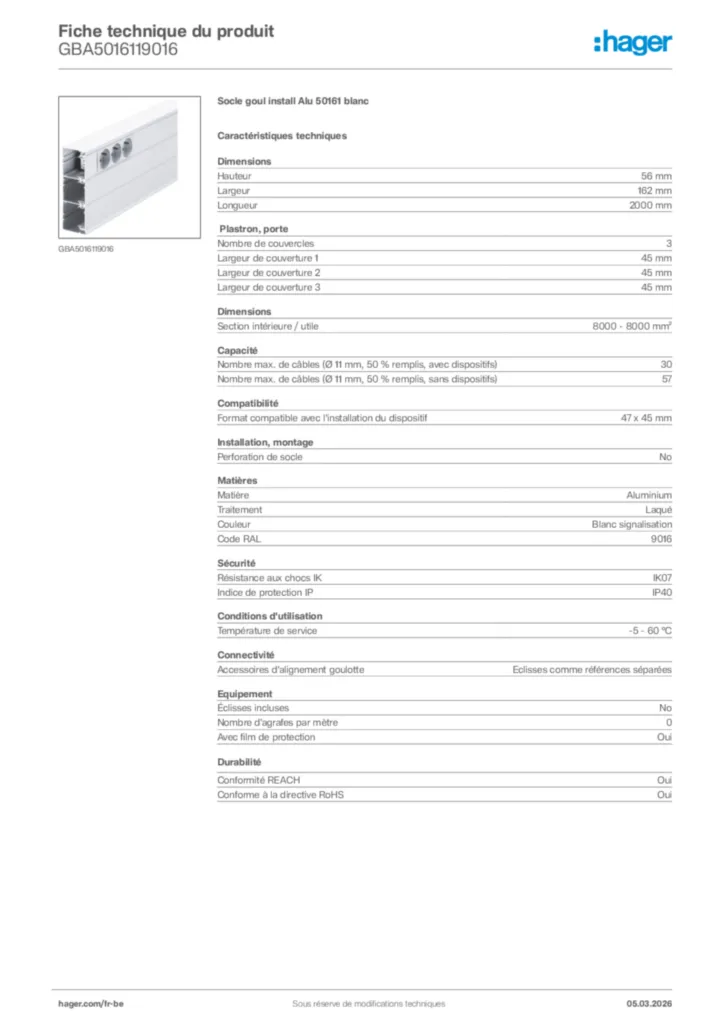 Image Hager Fiche technique du produit GBA5016119016 | Hager Belgique
