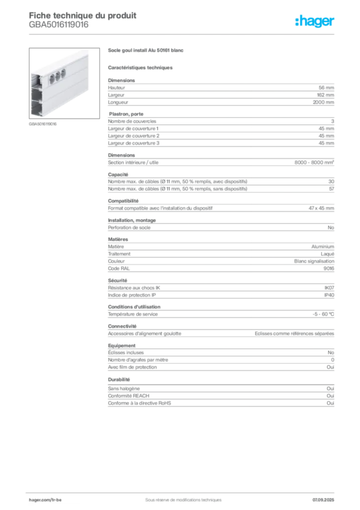 Image Hager Fiche technique du produit GBA5016119016 | Hager Belgique