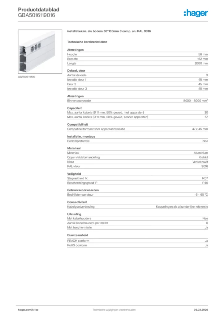 Afbeelding Hager Productdatablad GBA5016119016 | Hager Belgium