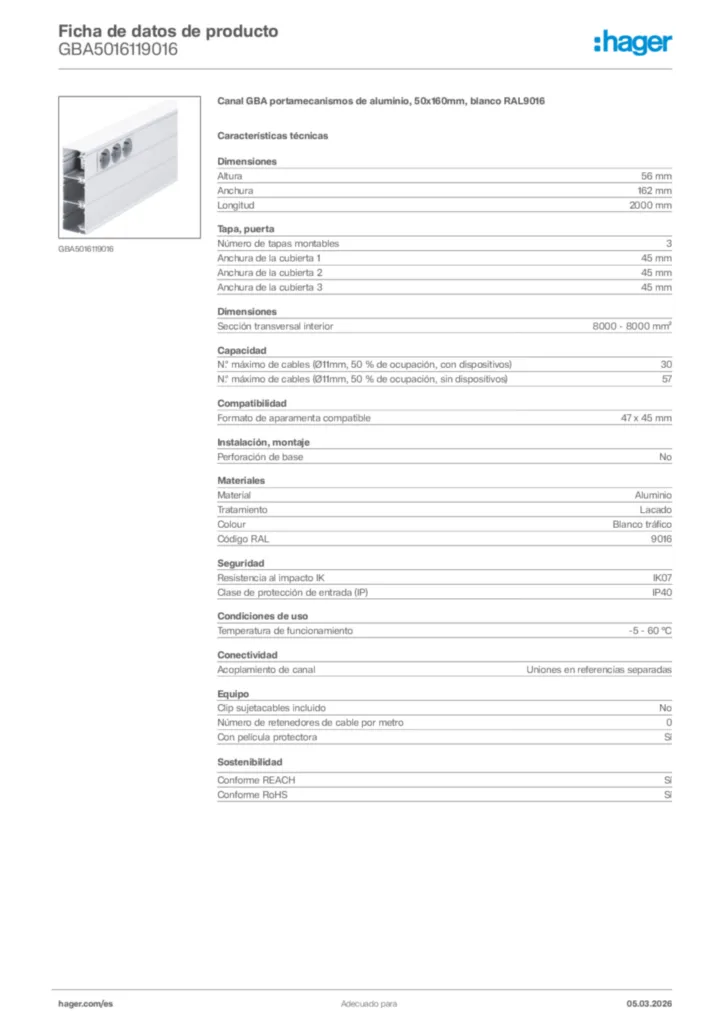 Imagen Hager Ficha de datos de producto GBA5016119016 | Hager España