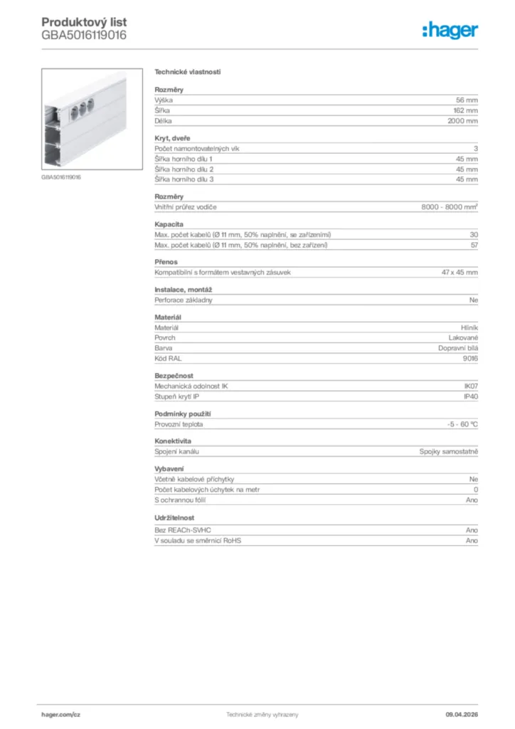 Obrázek Hager Product data sheet GBA5016119016 | Hager