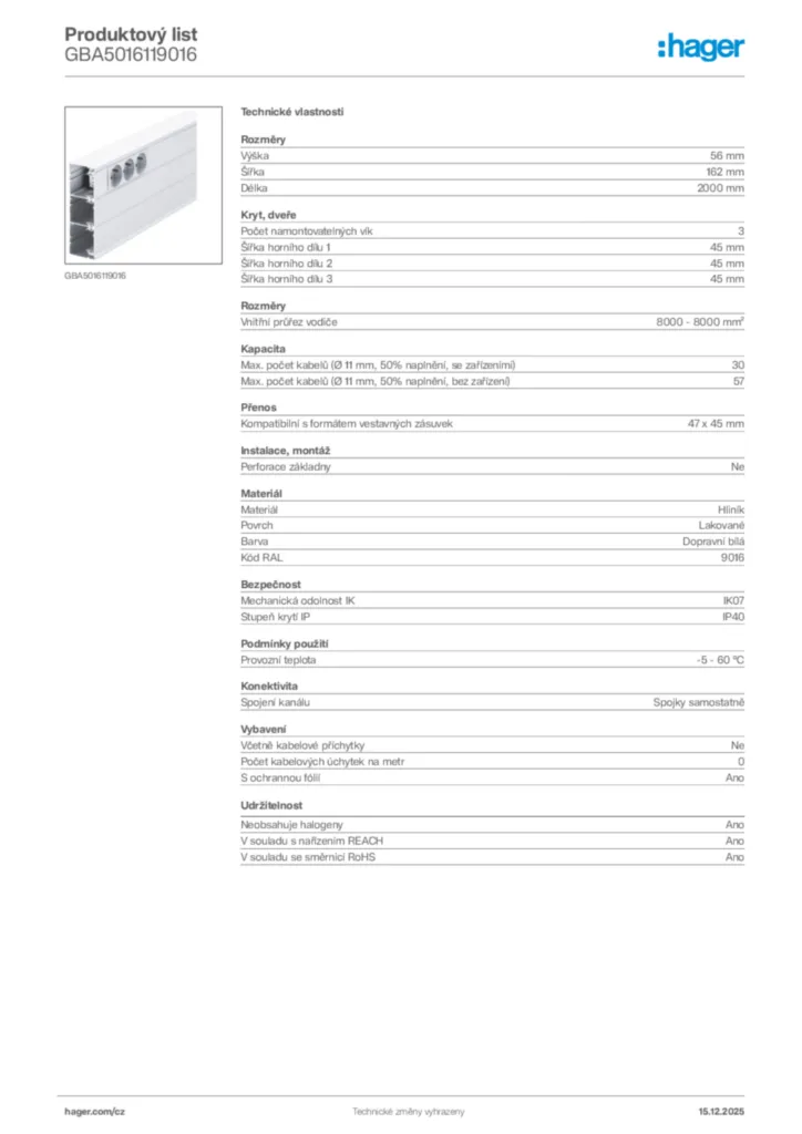 Obrázek Hager Produktový list GBA5016119016 | Hager