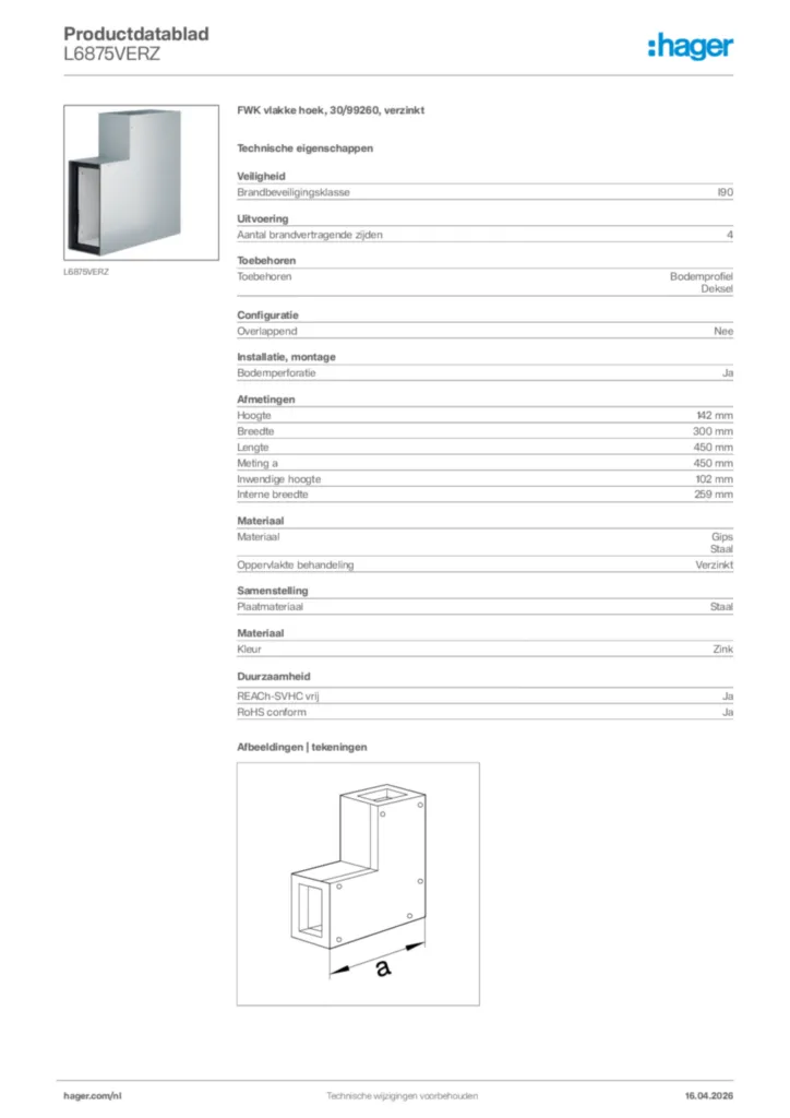 Afbeelding Hager Productdatablad L6875VERZ | Hager Nederland