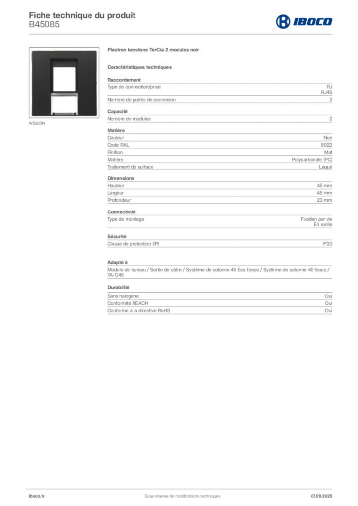 Image Iboco Fiche technique du produit B45085 | Hager France