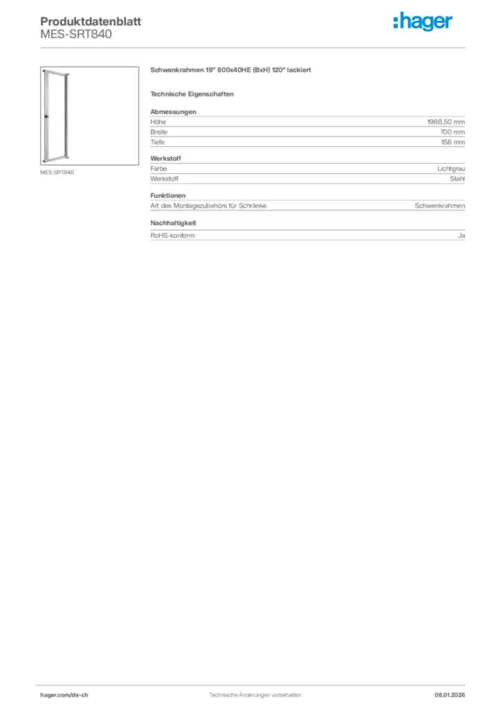 Bild Hager Produktdatenblatt MES-SRT840 | Hager Schweiz