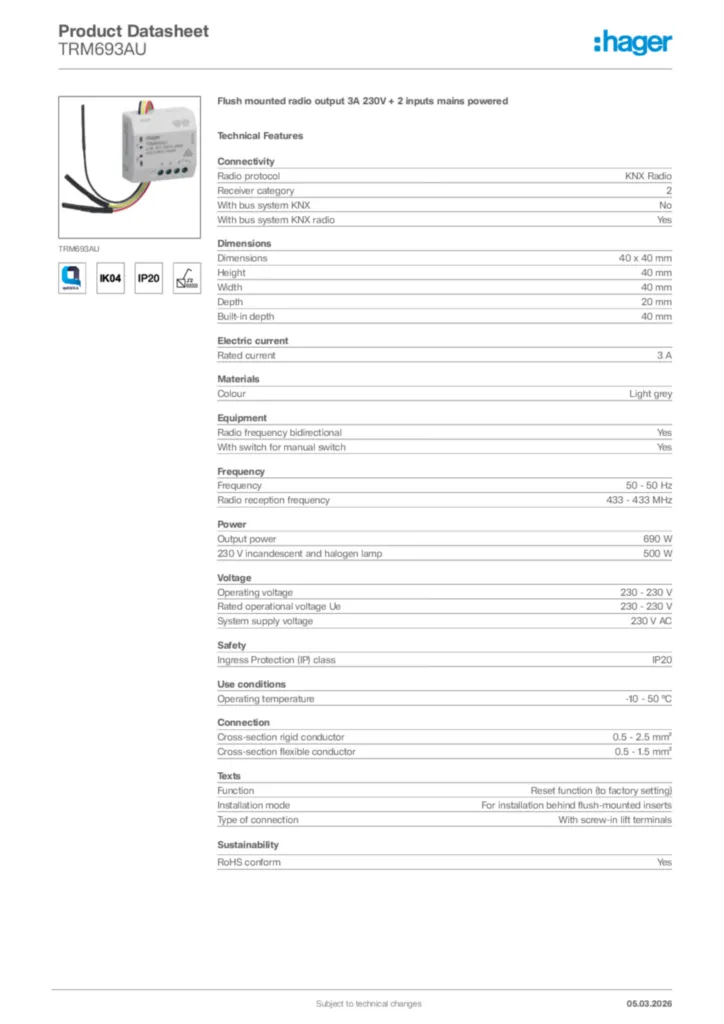 Image Hager Product data sheet TRM693AU  | Hager Africa