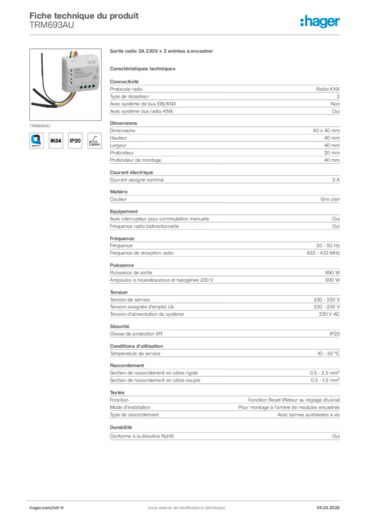 Image Hager Fiche technique du produit TRM693AU | Hager Afrique