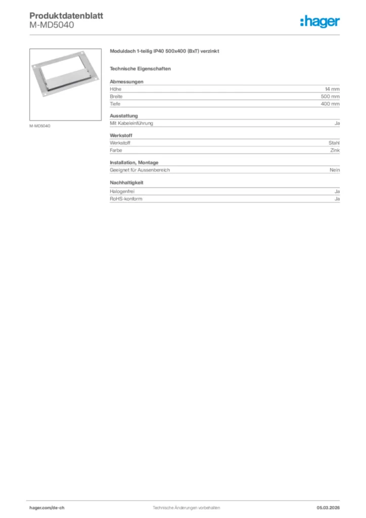 Bild Hager Produktdatenblatt M-MD5040 | Hager Schweiz