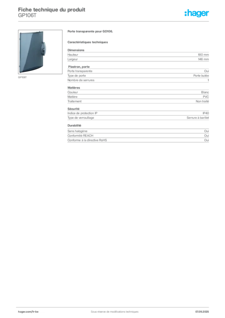 Image Hager Fiche technique du produit GP106T | Hager Belgique