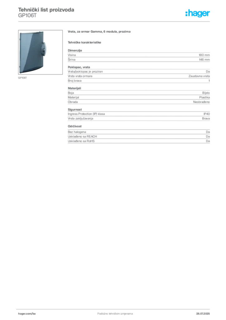 Slika Hager Product data sheet GP106T  | Hager