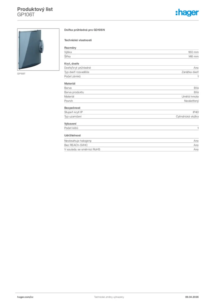 Obrázek Hager Product data sheet GP106T | Hager