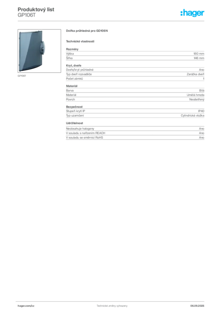 Obrázek Hager Produktový list GP106T | Hager
