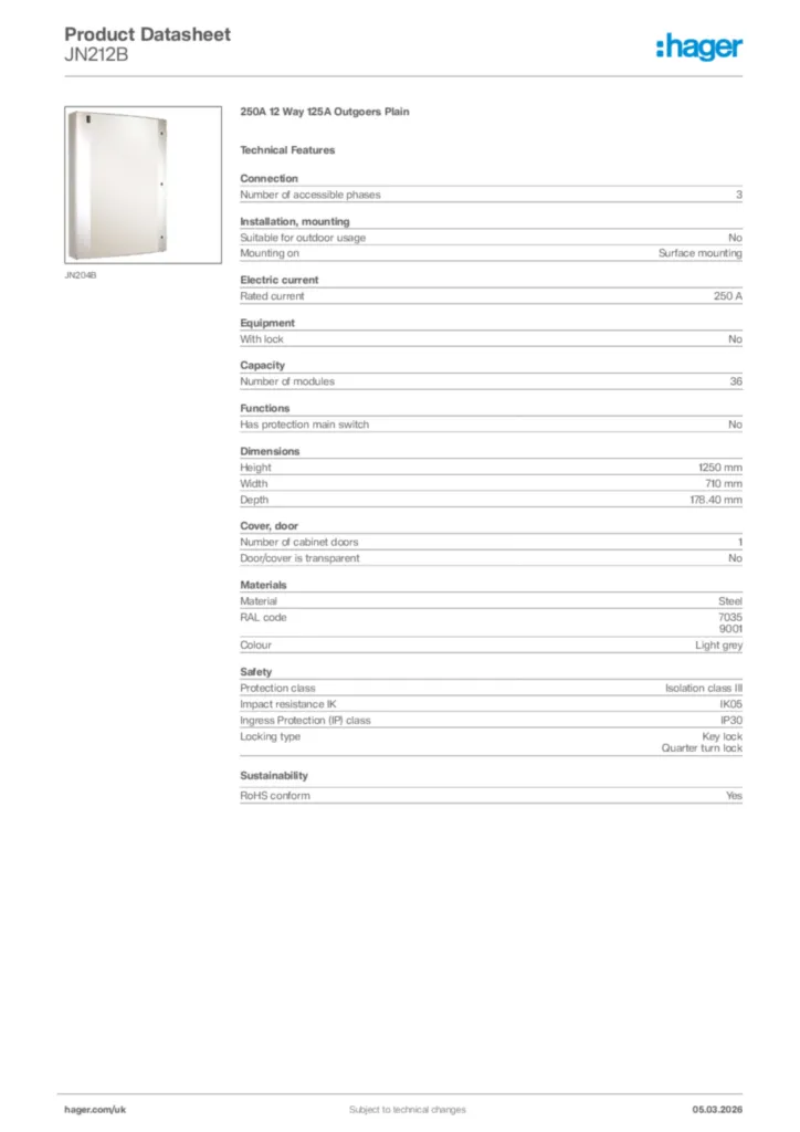 Image Hager Product data sheet JN212B  | Hager