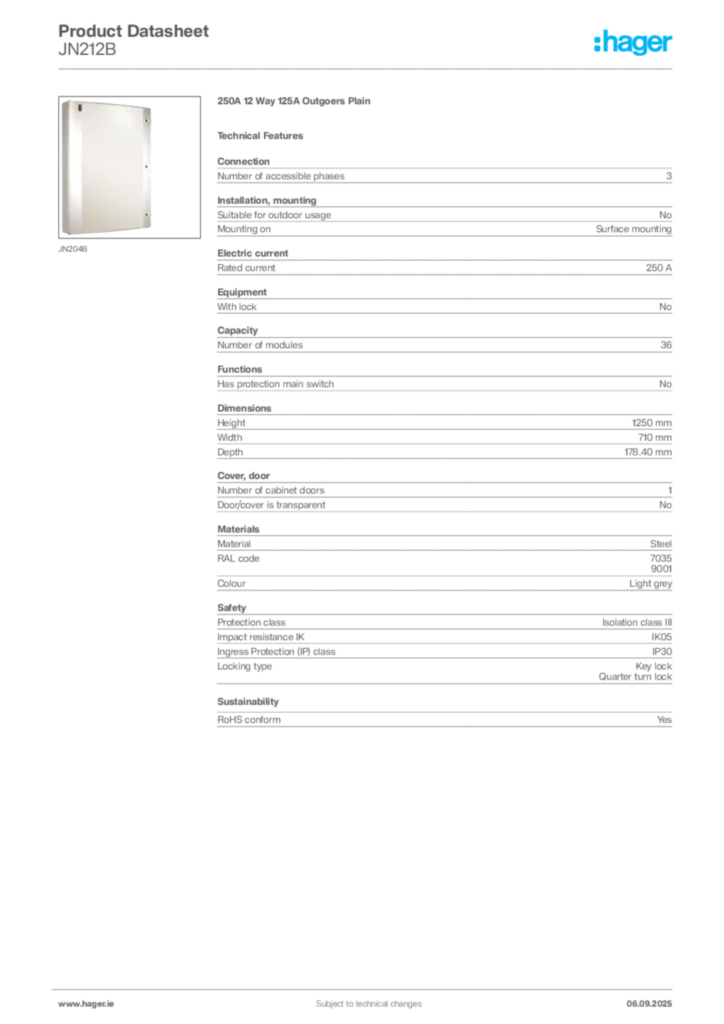 Image Hager Product data sheet JN212B  | Hager
