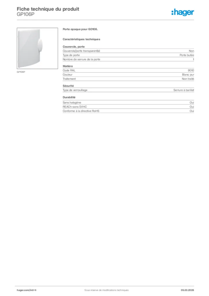 Image Hager Fiche technique du produit GP106P | Hager Afrique