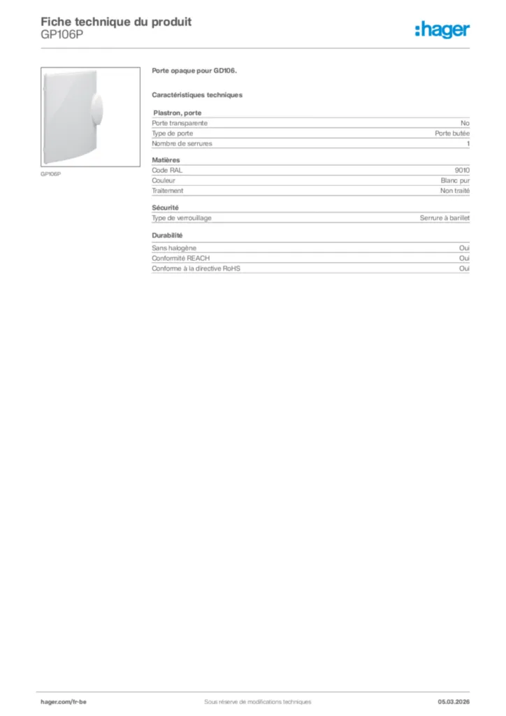 Image Hager Fiche technique du produit GP106P | Hager Belgique
