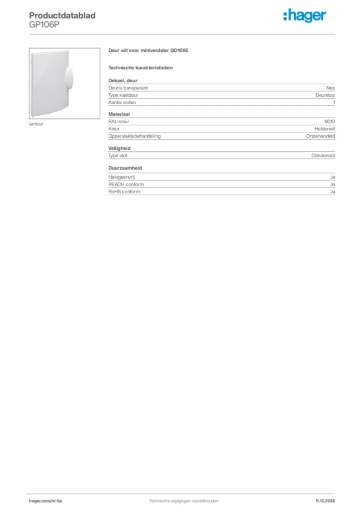 Afbeelding Hager Productdatablad GP106P | Hager Belgium