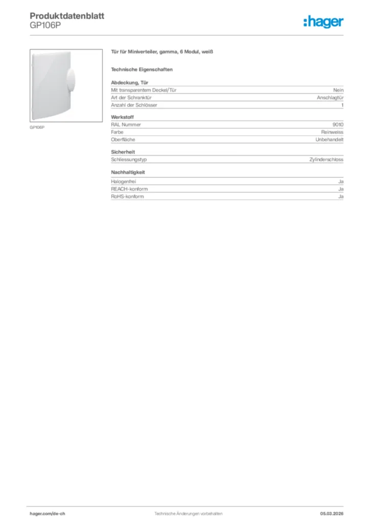 Bild Hager Produktdatenblatt GP106P | Hager Schweiz