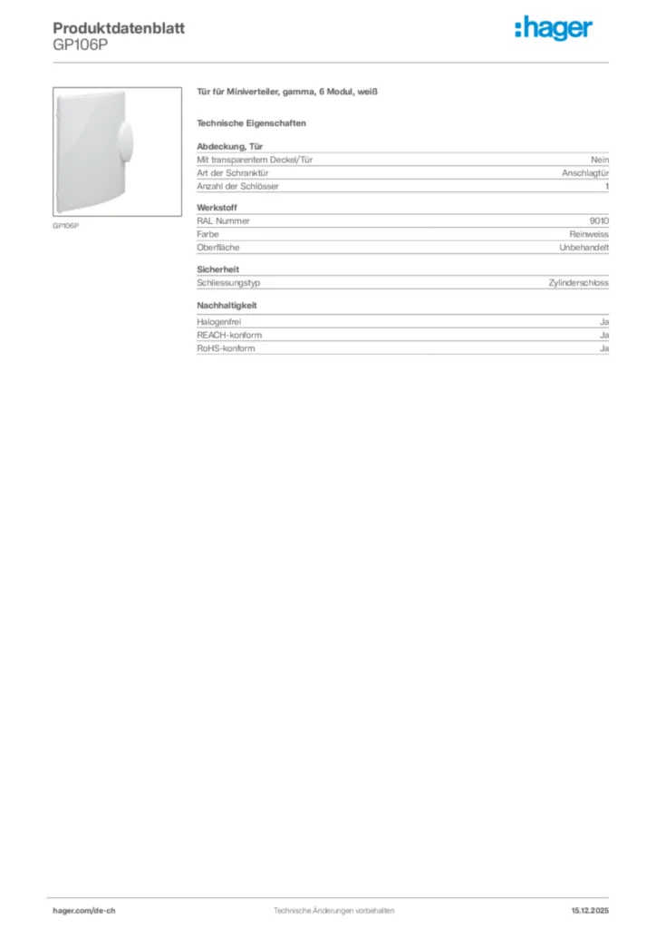 Bild Hager Produktdatenblatt GP106P | Hager Schweiz