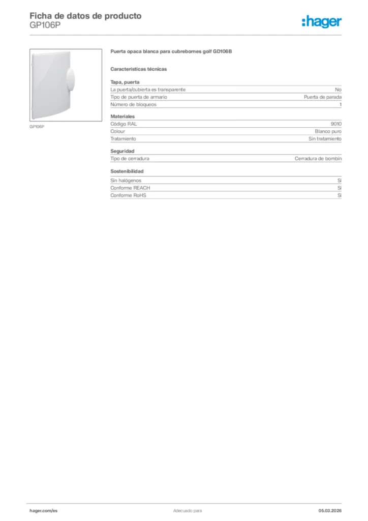 Imagen Hager Ficha de datos de producto GP106P | Hager España