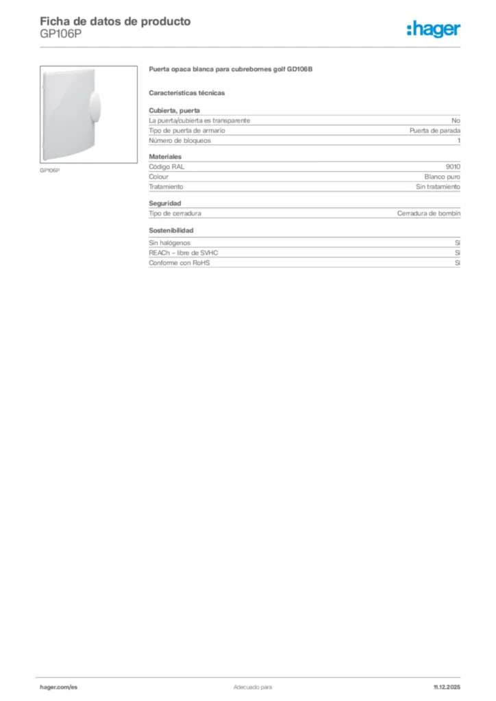 Imagen Hager Ficha de datos de producto GP106P | Hager España