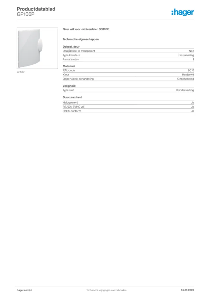 Afbeelding Hager Productdatablad GP106P | Hager Nederland