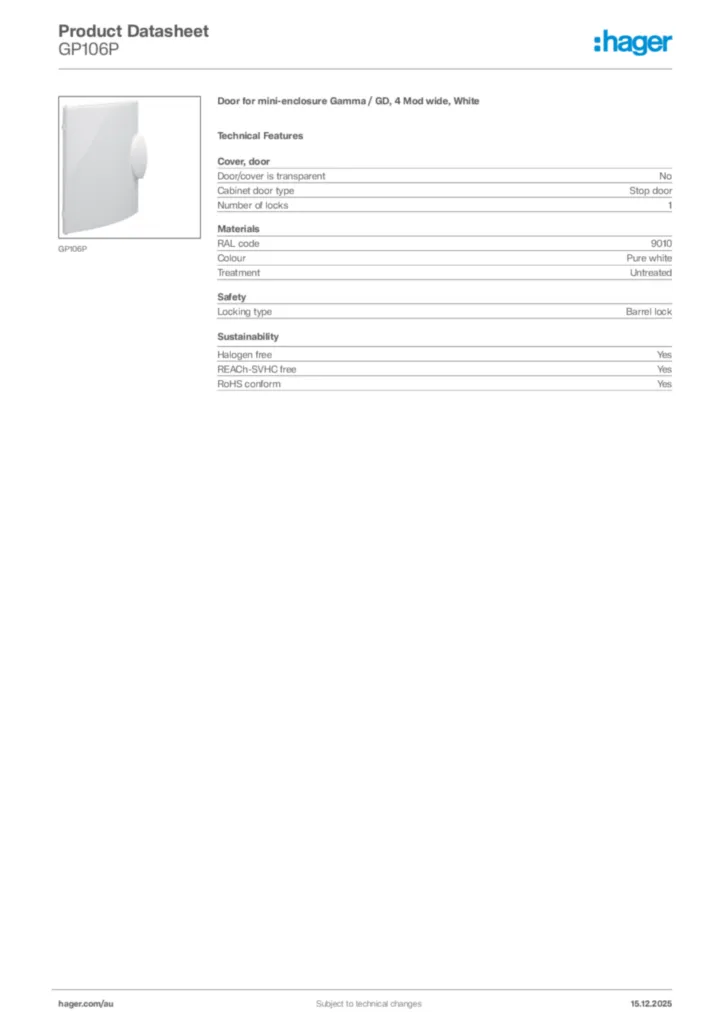 Image Hager Product data sheet GP106P  | Hager Australia
