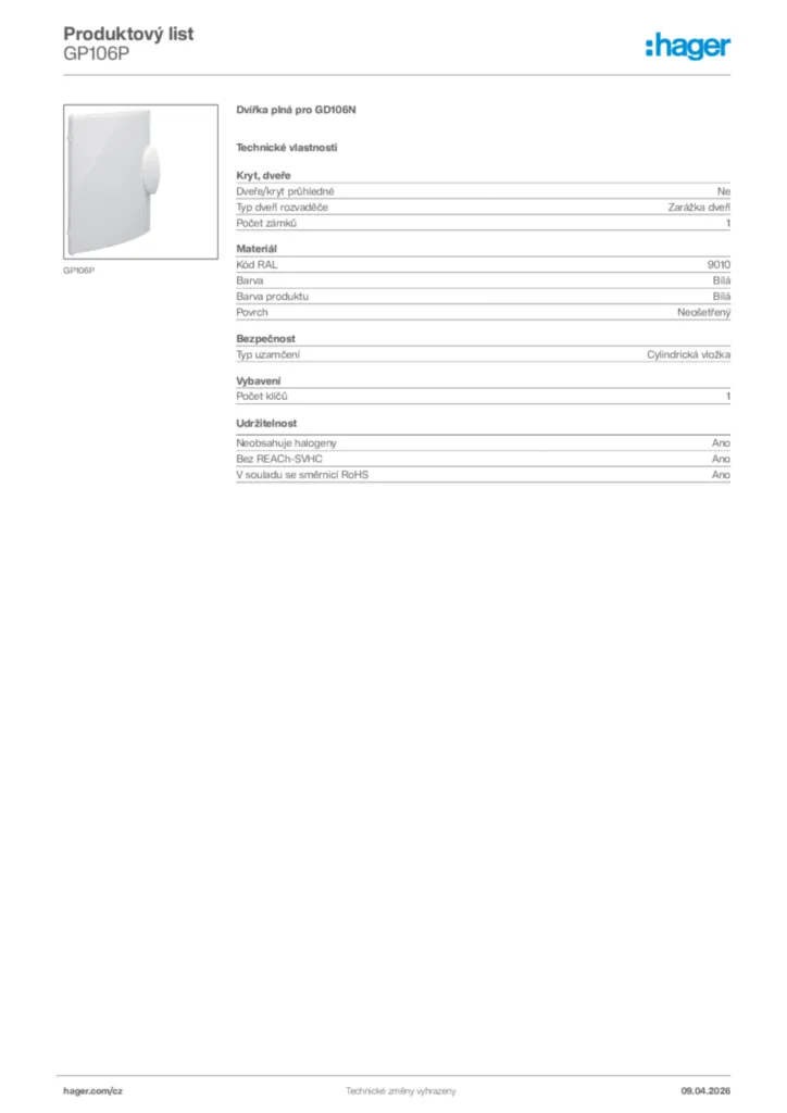 Obrázek Hager Product data sheet GP106P | Hager
