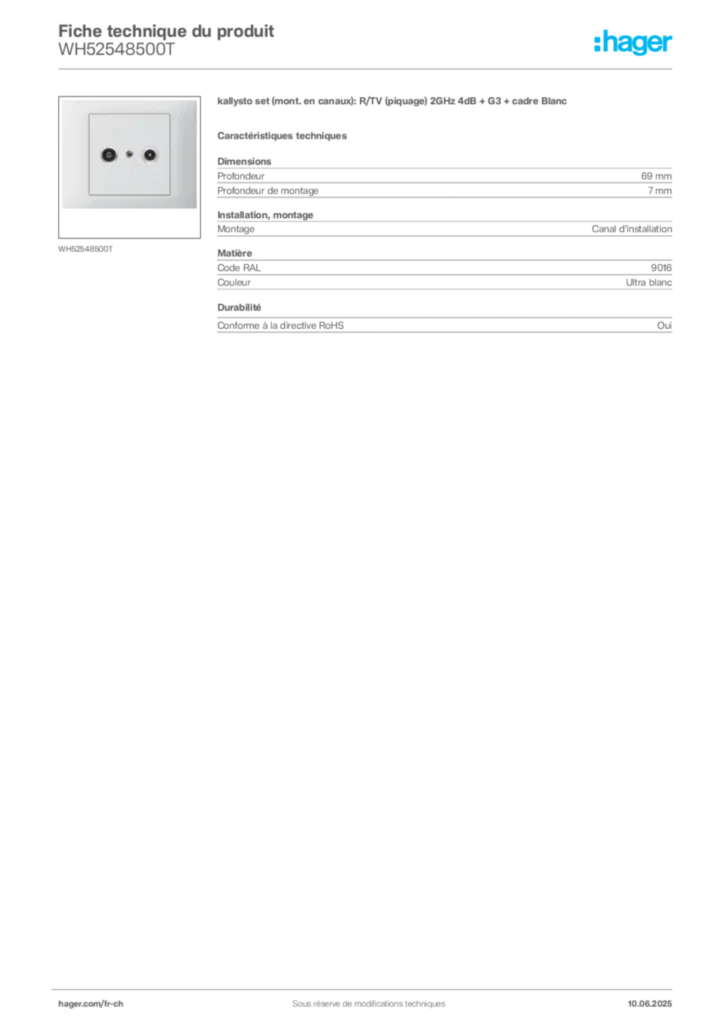 Image Hager Fiche technique du produit WH52548500T | Hager Suisse