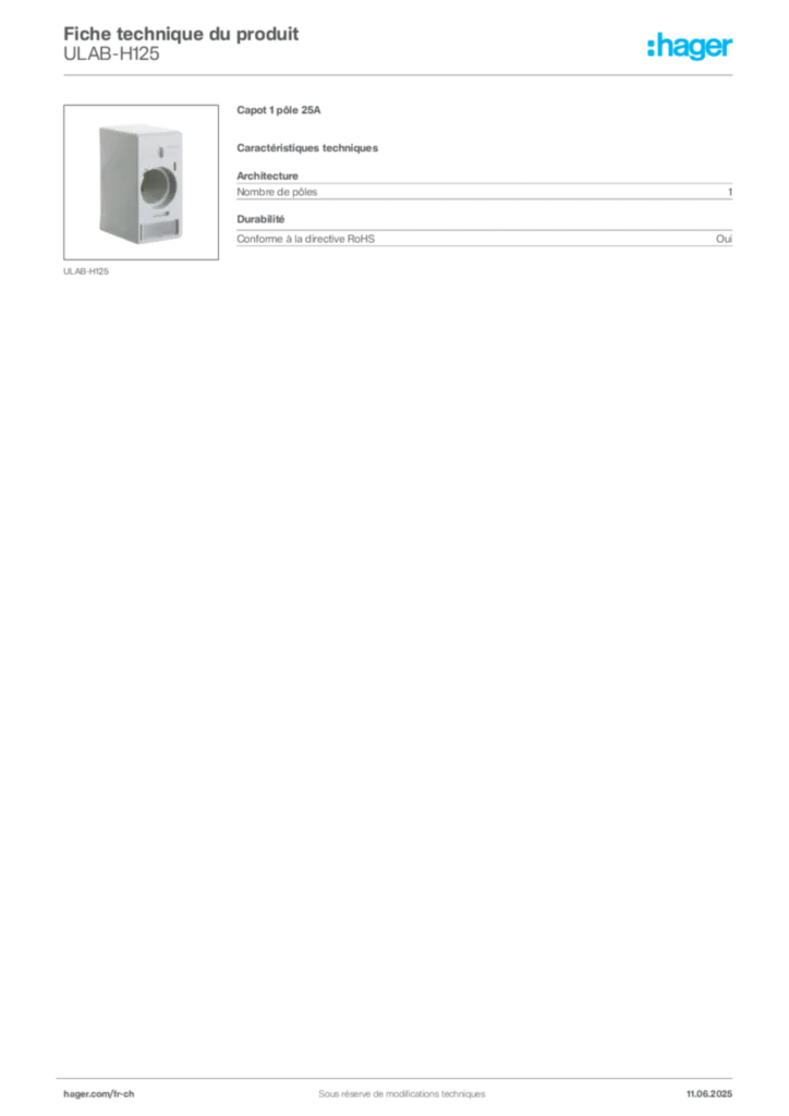Image Hager Fiche technique du produit ULAB-H125 | Hager Suisse