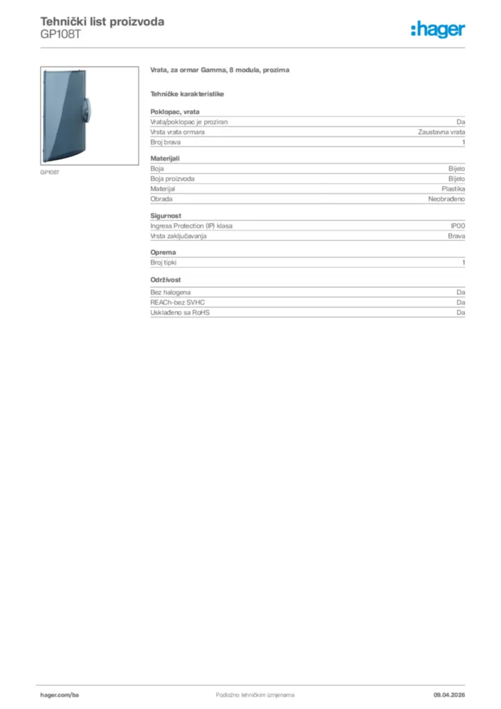 Slika Hager Tehnički list proizvoda GP108T  | Hager