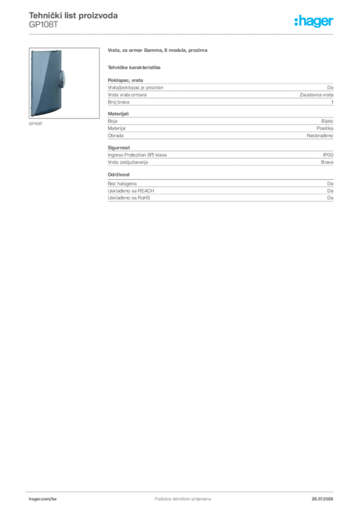 Slika Hager Product data sheet GP108T  | Hager