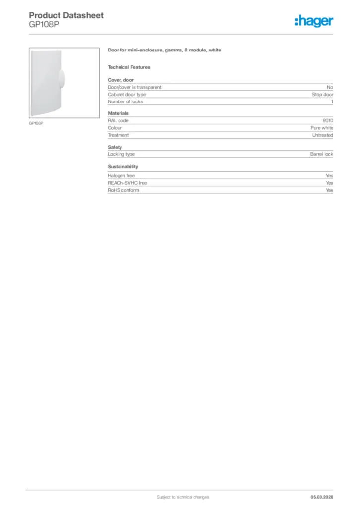 Image Hager Product data sheet GP108P  | Hager Africa