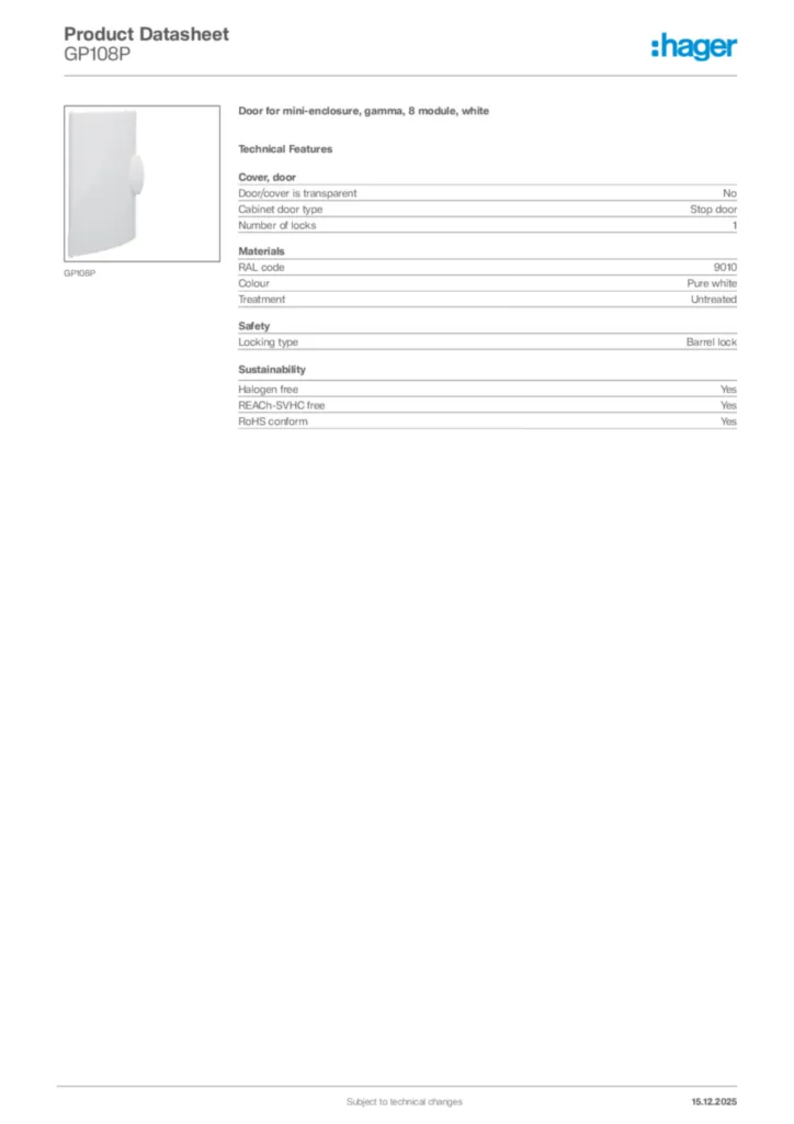 Image Hager Product data sheet GP108P  | Hager Africa