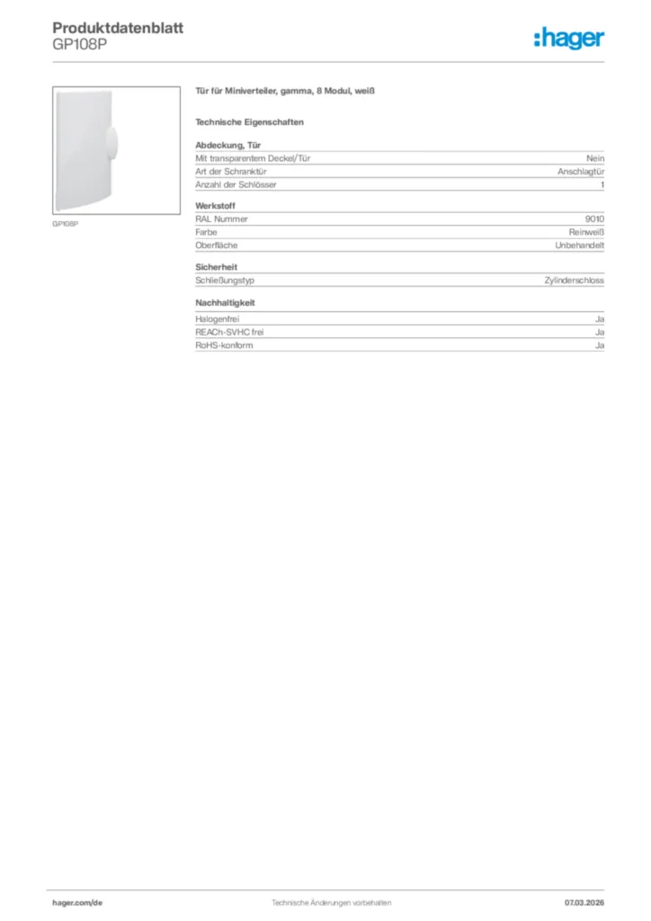 Bild Hager Produktdatenblatt GP108P | Hager Deutschland