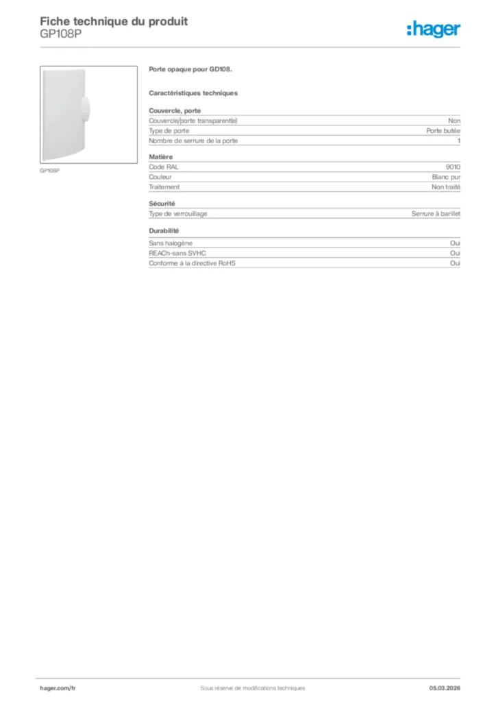 Image Hager Fiche technique du produit GP108P | Hager France