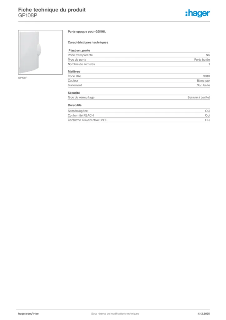 Image Hager Fiche technique du produit GP108P | Hager Belgique