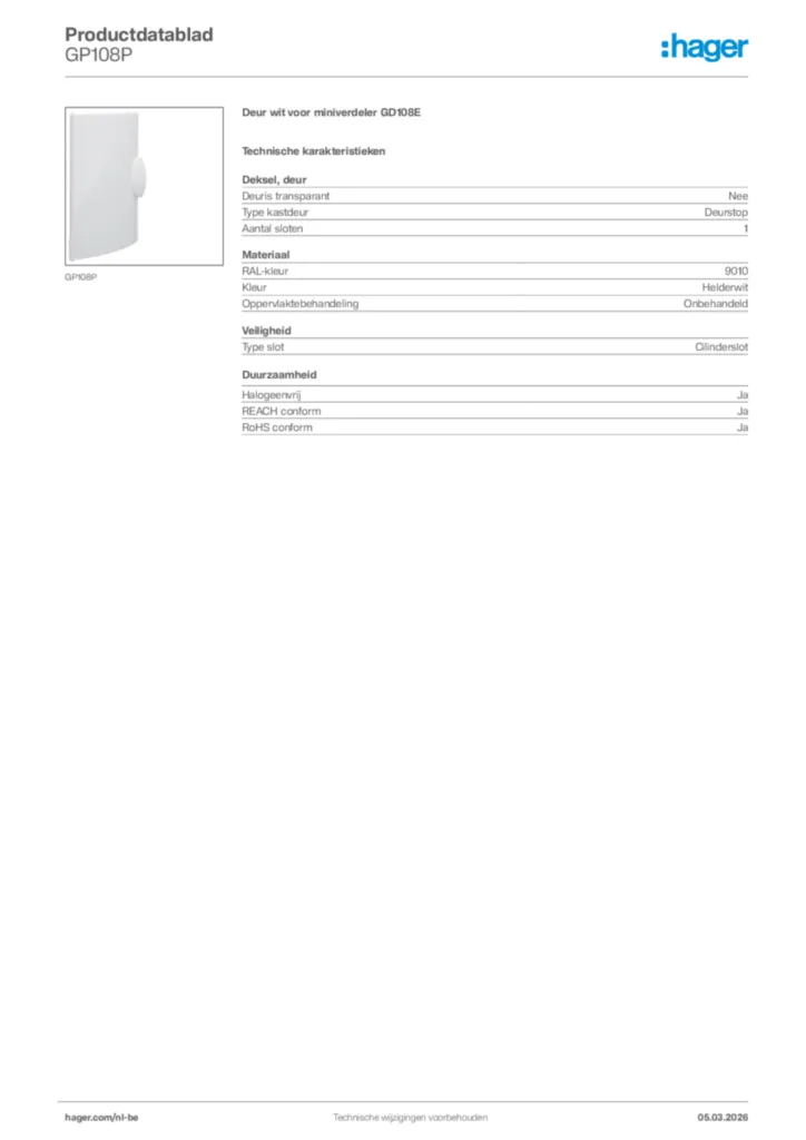 Afbeelding Hager Productdatablad GP108P | Hager Belgium