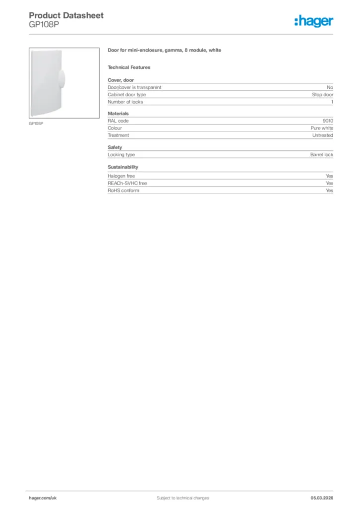 Image Hager Product data sheet GP108P  | Hager