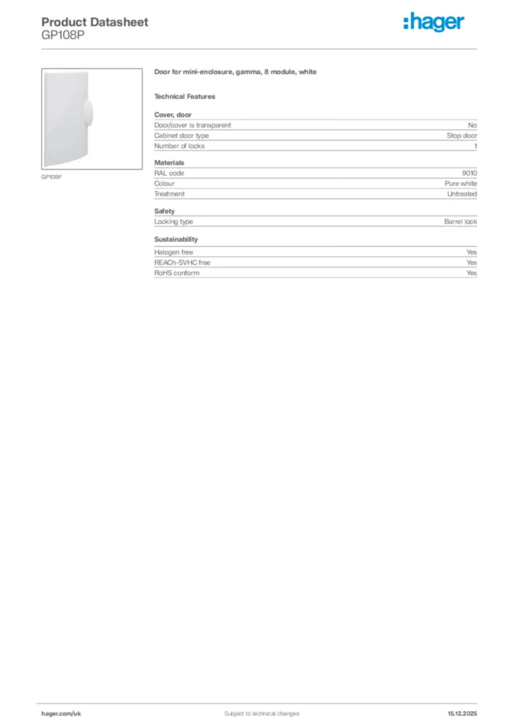 Image Hager Product data sheet GP108P  | Hager