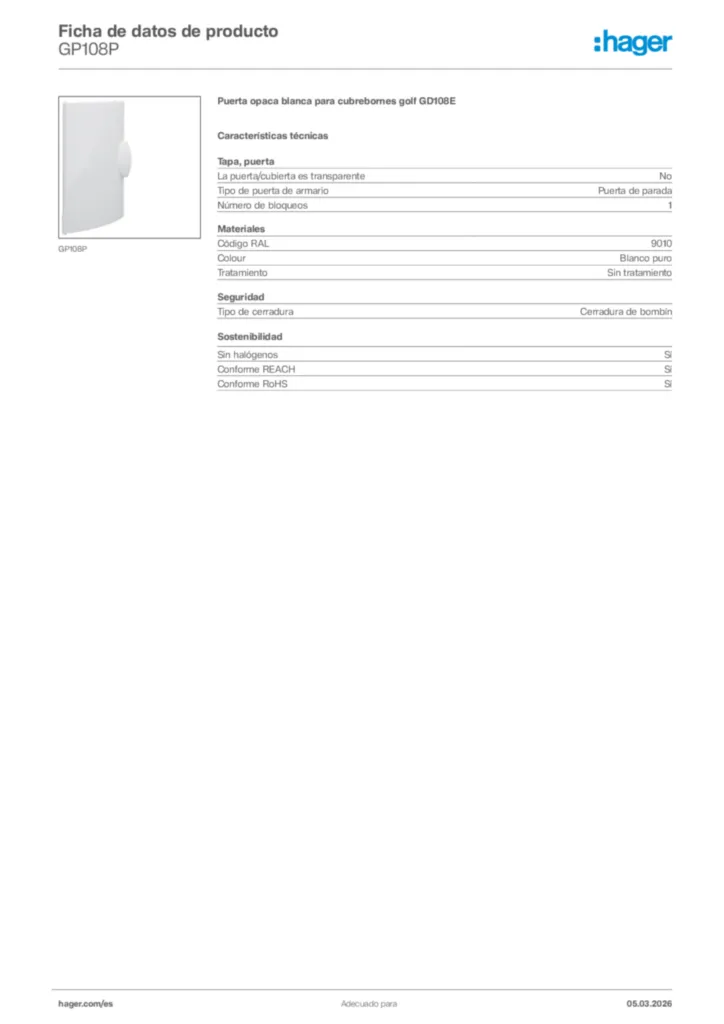 Imagen Hager Ficha de datos de producto GP108P | Hager España